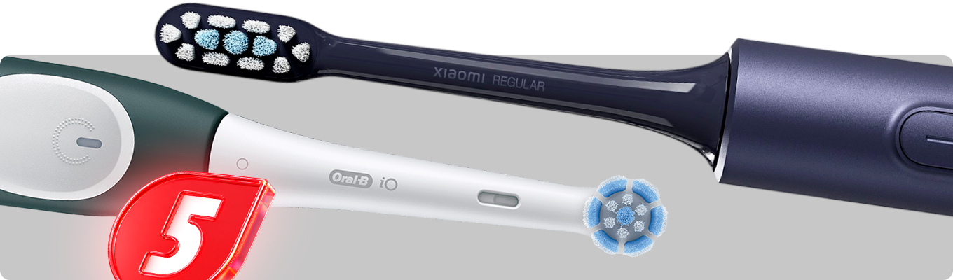 Ротационная зубная щетка Oral-B iO с круглой насадкой и звуковая щетка Xiaomi с вытянутой насадкой