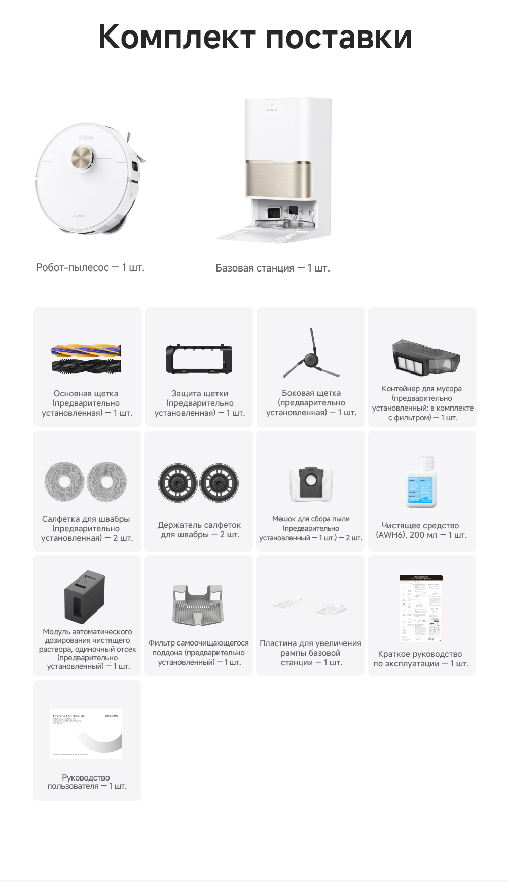 комплектация Dreame Robot Vacuum L60 Ultra AE White (RPL71FE0) RU